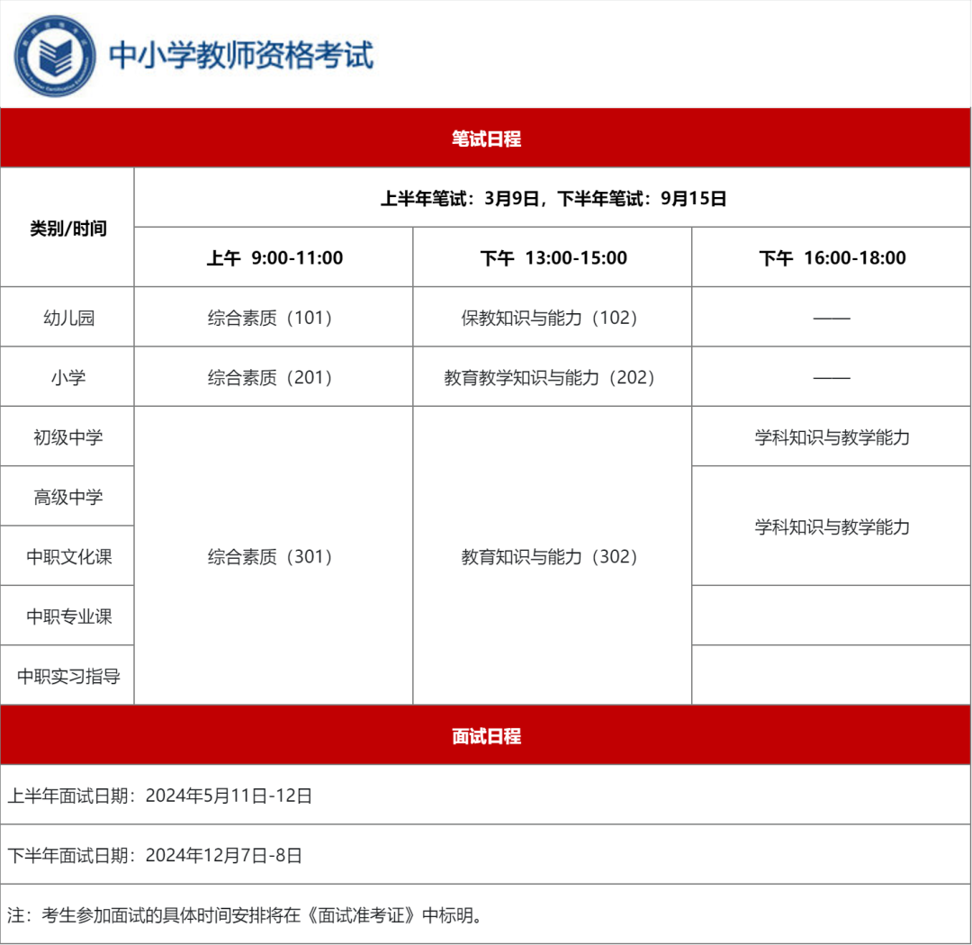 天津中学教师资格证考试时间